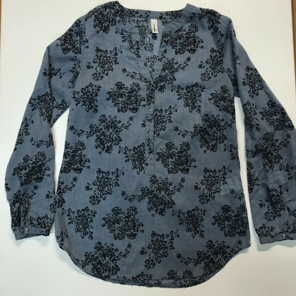 Soya Concept Odessa Henley Button Blouse Chambray Rose Print Roll-Up Sleeves